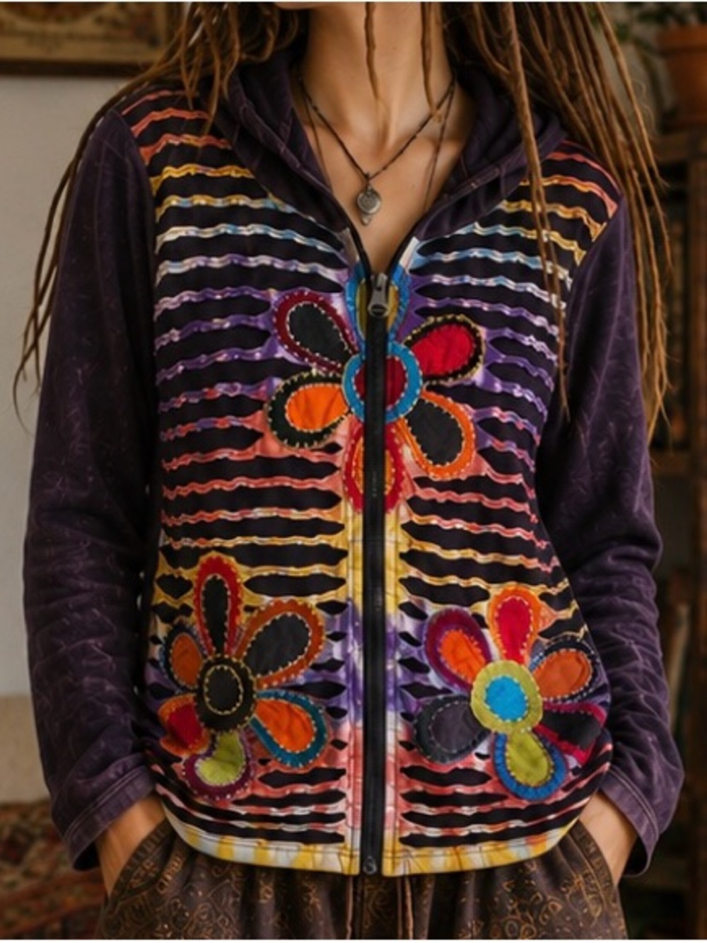India Boutique Purple Floral Patchwork Bomber Jacket